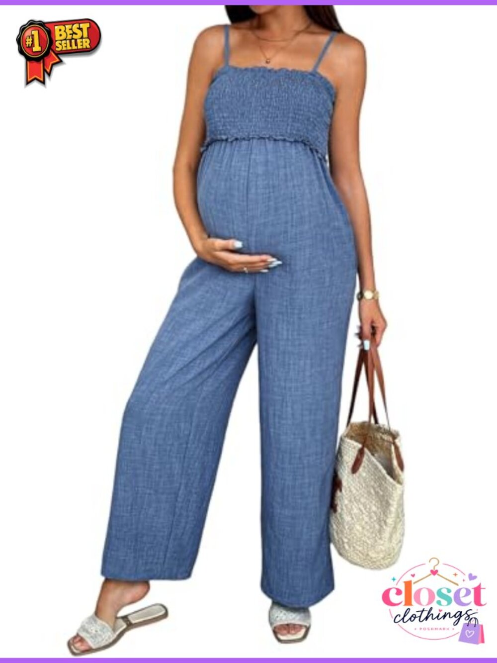 Smocked Maternity Jumpsuit Loose Wide Leg Adjustable Straps
